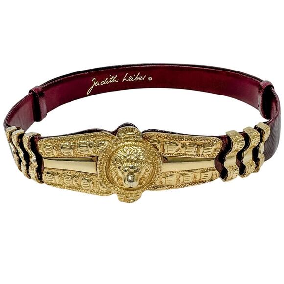 Judith Leiber vintage Lion's Head belt burgundy red leather & gold adjustable OS - Picture 10 of 10